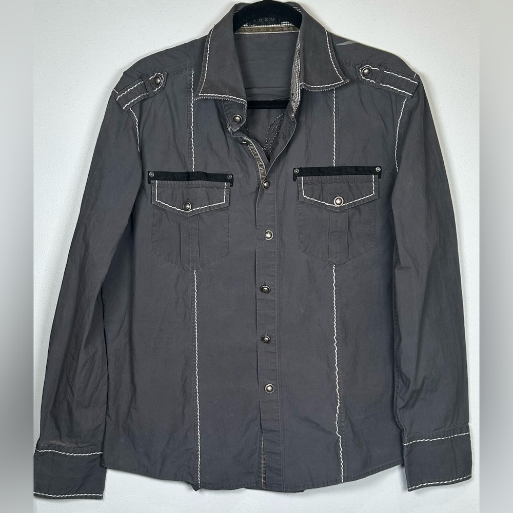 Y2K Toku Charcoal Gray Button Down w/ Embellishment and Embroidery. Size Large.